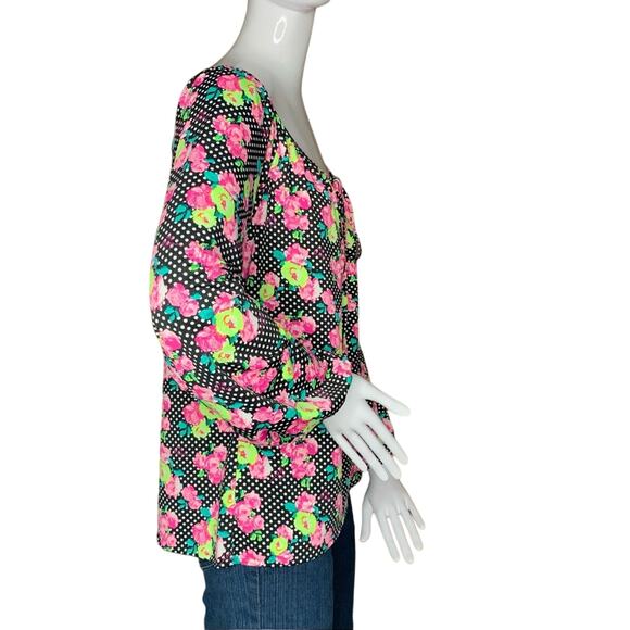 Betsey Johnson Blouse Size M Polka Dot Floral Print Long Sleeve - Picture 6 of 11